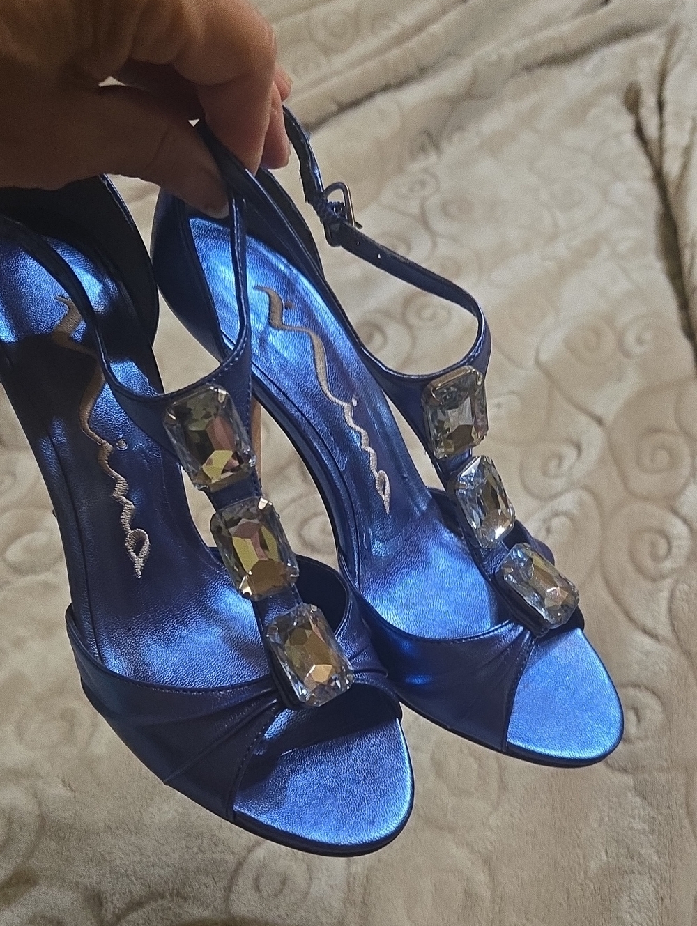 Nina Sapphire Blue Leather T-Strap Heels with Large Blue  Crystal Accents